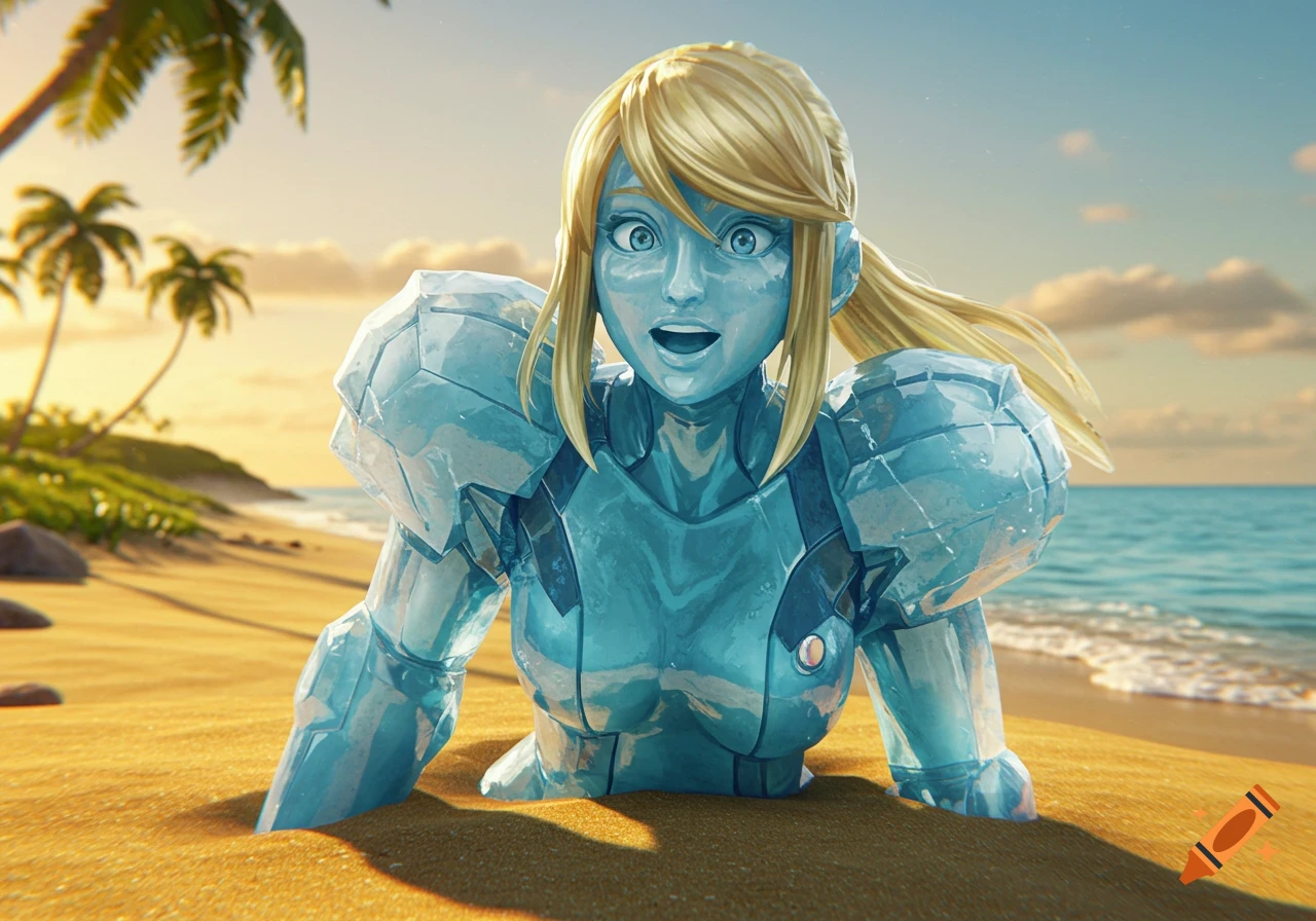 A surprised ice statue of Zero Suit Samus partially buried in sand on a sunny beach.