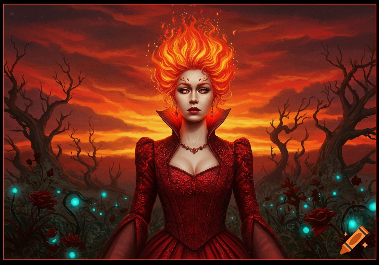 A woman with fiery red hair and eyes, wearing a red dress, stands in a desolate landscape with dark trees and glowing blue plants under an orange sky.