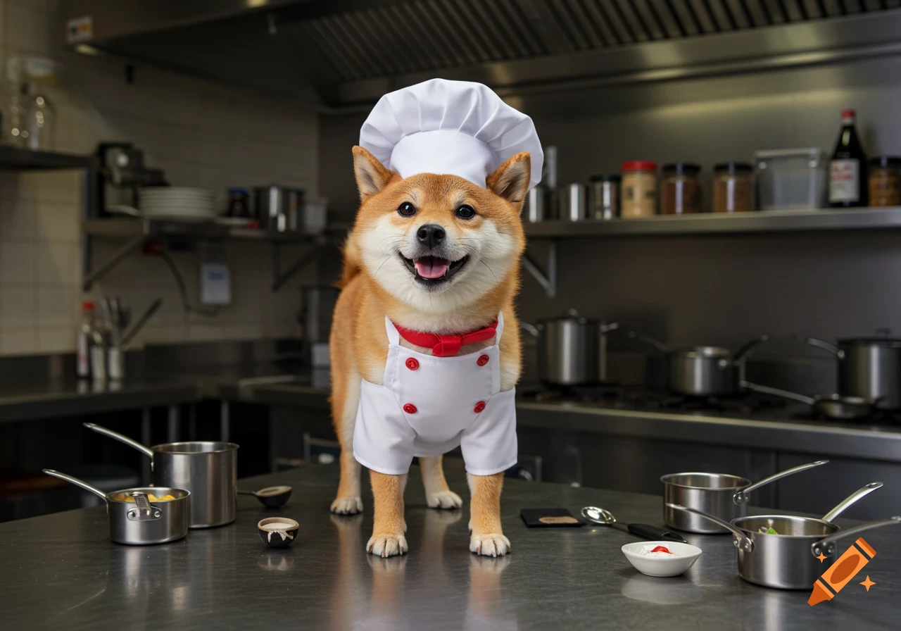 A smiling Shiba Inu dog wearing a white chef's hat and coat stands on a stainless steel counter in a commercial kitchen.