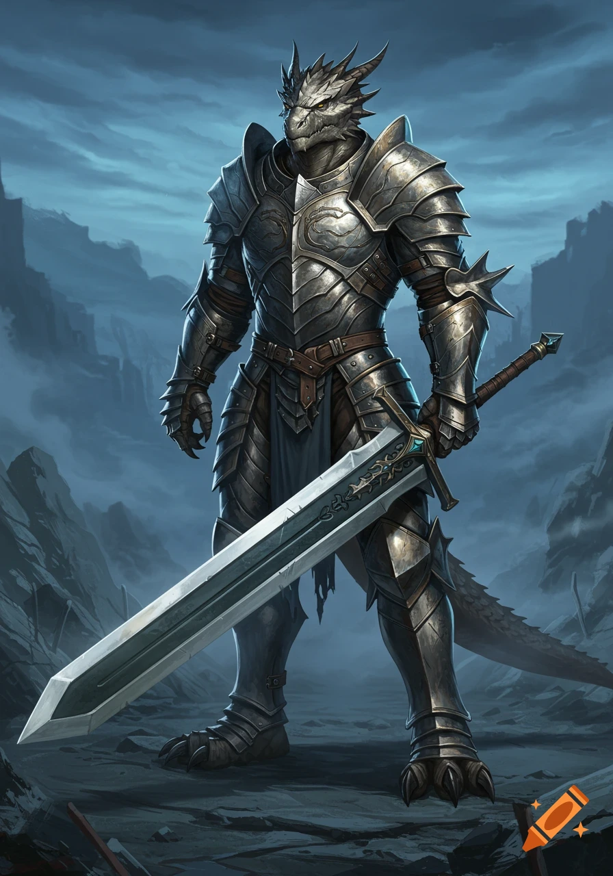 A heavily armored bipedal dragon-like creature stands in a rocky, misty landscape, holding a colossal greatsword.