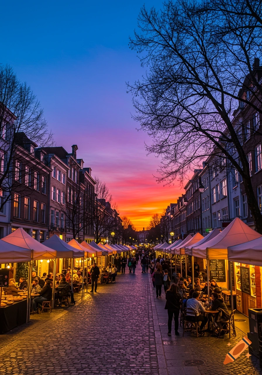 Vibrant sunset over a European street market with illuminated stalls and people walking.
