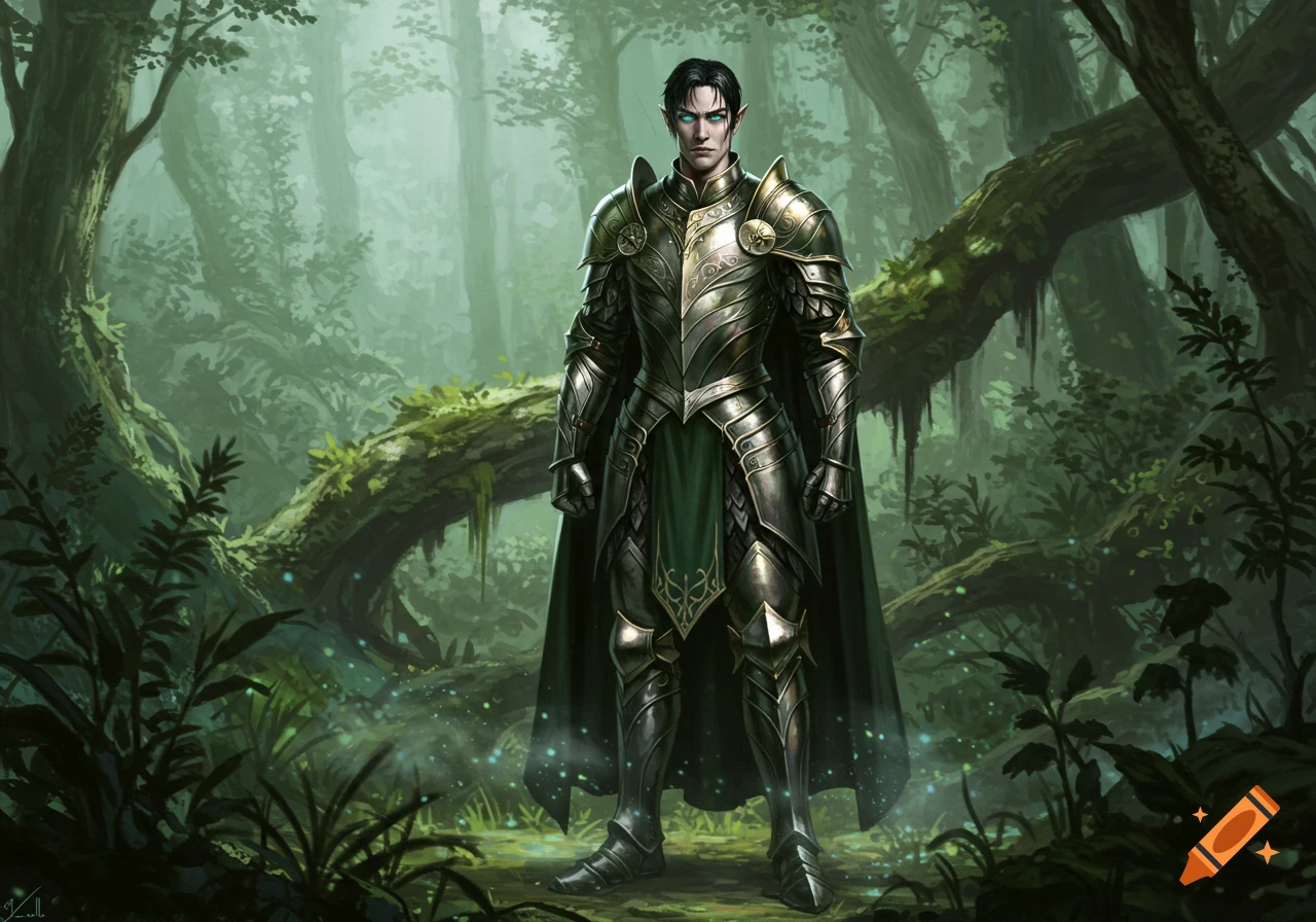 A male elf in ornate silver and gold armor stands in a mystical green forest.