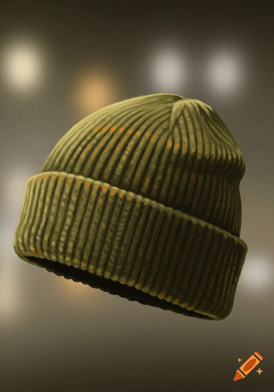 An olive green ribbed knit beanie hat against a blurred, out-of-focus background.