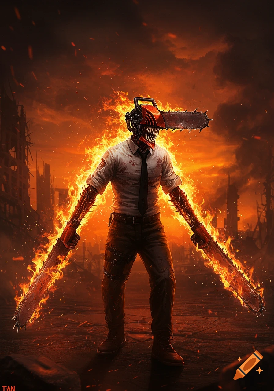A character with a chainsaw head and fiery chainsaw arms stands in a fiery, ruined city in a dramatic, dark fantasy style.