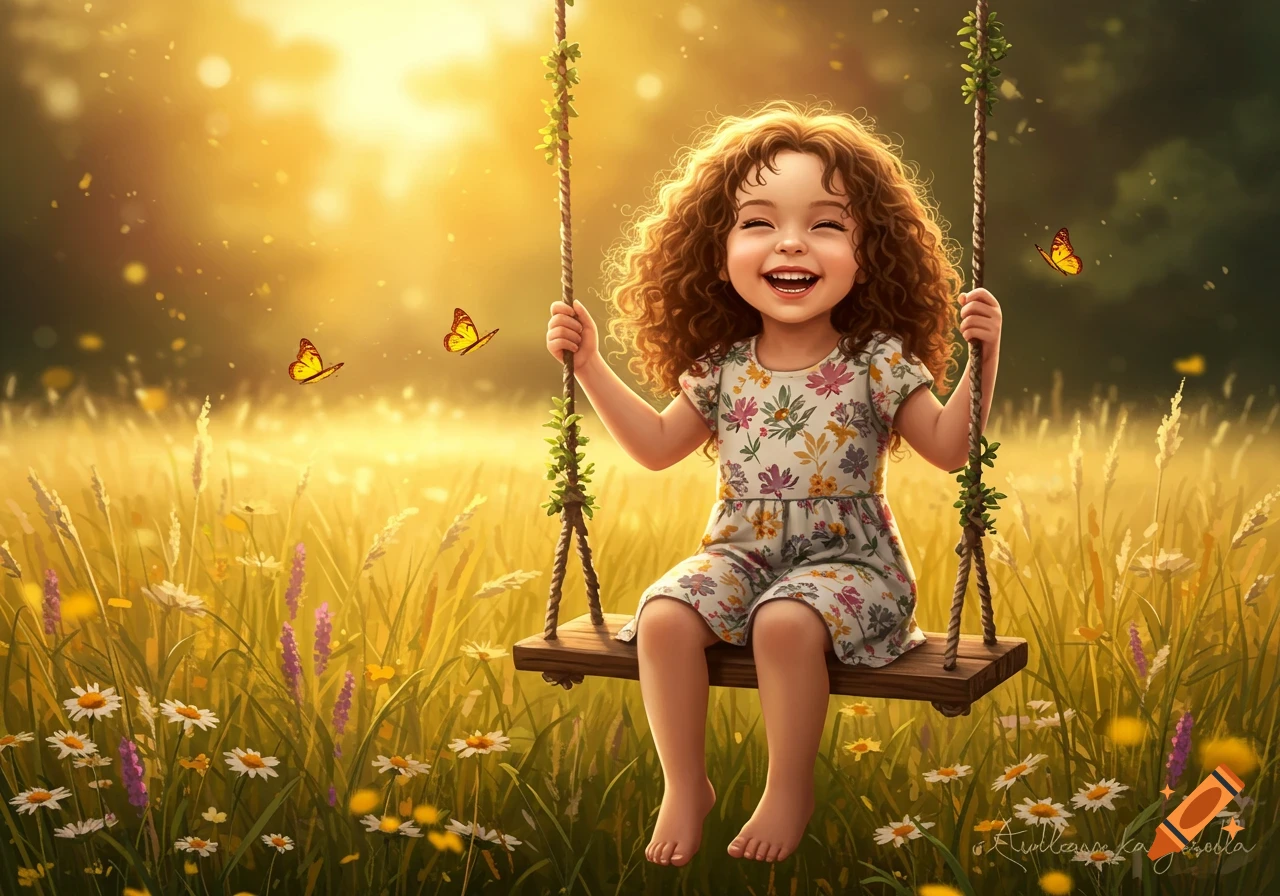 A happy girl with curly hair smiles brightly on a swing in a sunny field with butterflies and wildflowers.