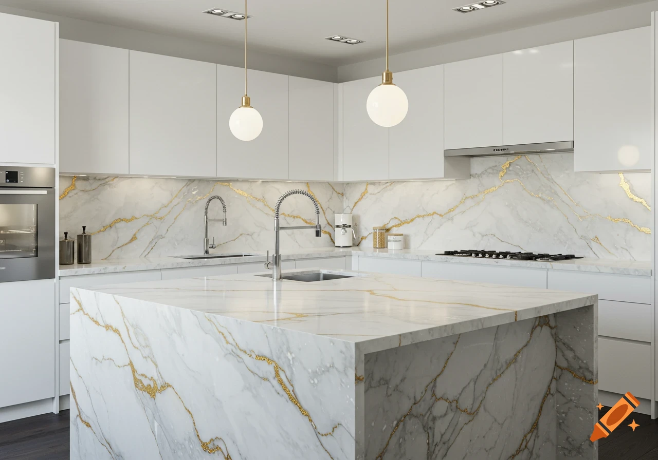 A modern kitchen features white cabinets, a large island, and countertops and backsplash made of white marble with intricate gold veins.