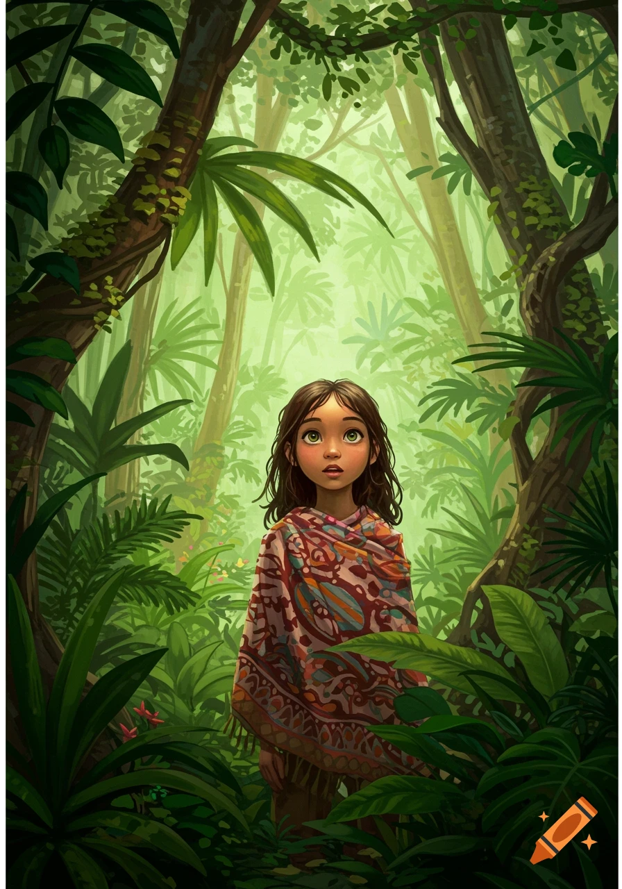An illustrative painting of a wide-eyed young girl wrapped in a colorful shawl, standing in a lush green jungle.