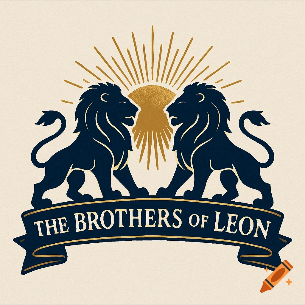 Vintage-style logo with two dark blue lions, a golden sun, and a banner reading 'THE BROTHERS OF LEON'.