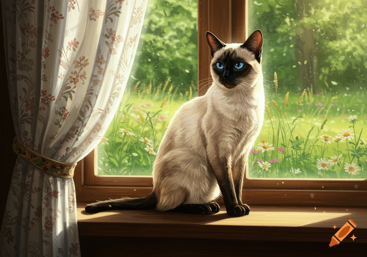 A Siamese cat with blue eyes sits on a sunlit wooden windowsill, looking out at a bright green garden with white and pink flowers.
