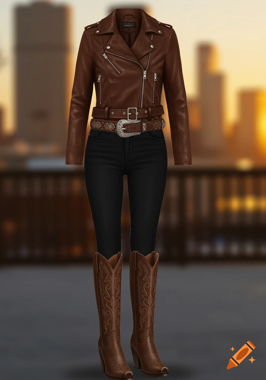 A photorealistic image of a brown leather biker jacket, black skinny jeans, a Western belt, and brown knee-high cowboy boots against a blurred city sunset background.