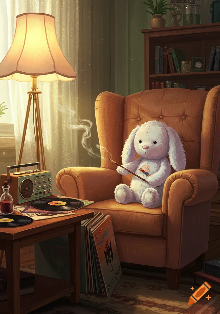 A white plush bunny sits in a cozy armchair, holding a smoking stick, next to a radio and vinyl records in a warm, illustrative style.