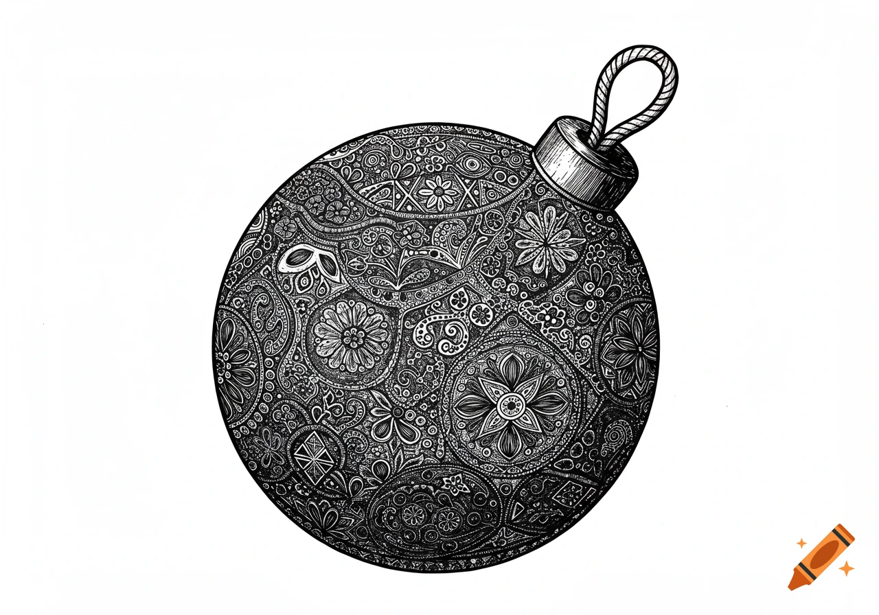 A black and white illustration of a round ornament decorated with intricate blackwork embroidery patterns.