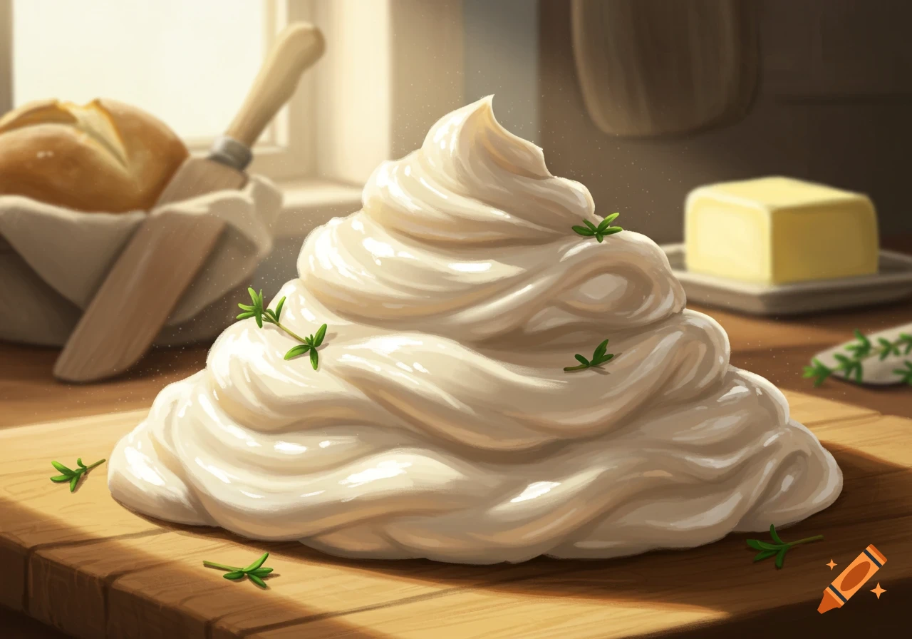 A large swirl of white creamy substance, possibly butter or cream cheese, on a wooden board with green herbs. Bread and butter in background.