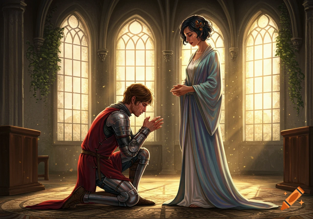 A knight in armor kneels and begs a woman in a flowing robe to marry him inside a grand church.