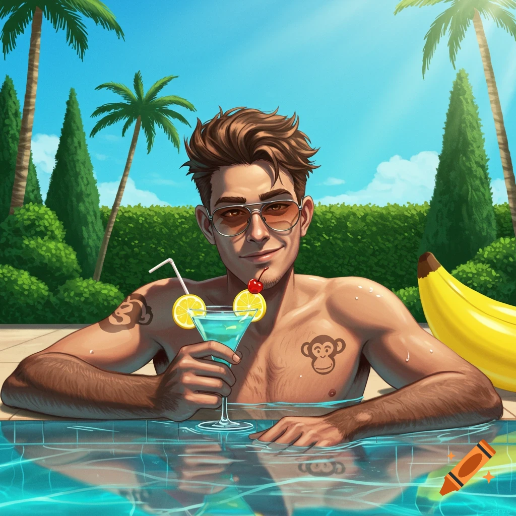 A stylized digital portrait of a young man with sunglasses holding a cocktail in a swimming pool on a sunny day.