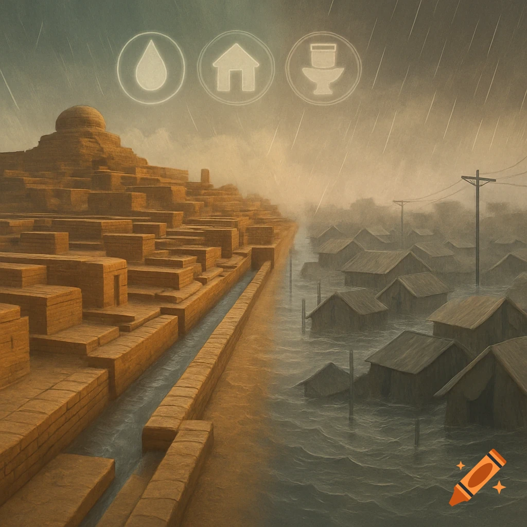 A divided image depicts an ancient, well-drained brick city on the left and a flooded modern town on the right, under rain. Faint icons for water, shelter, and sanitation hover in the sky.