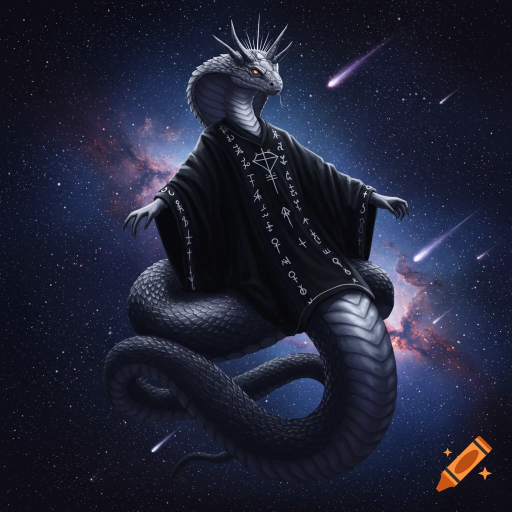 A serpent-human hybrid wearing a black robe adorned with symbols, floating in outer space with shooting stars.