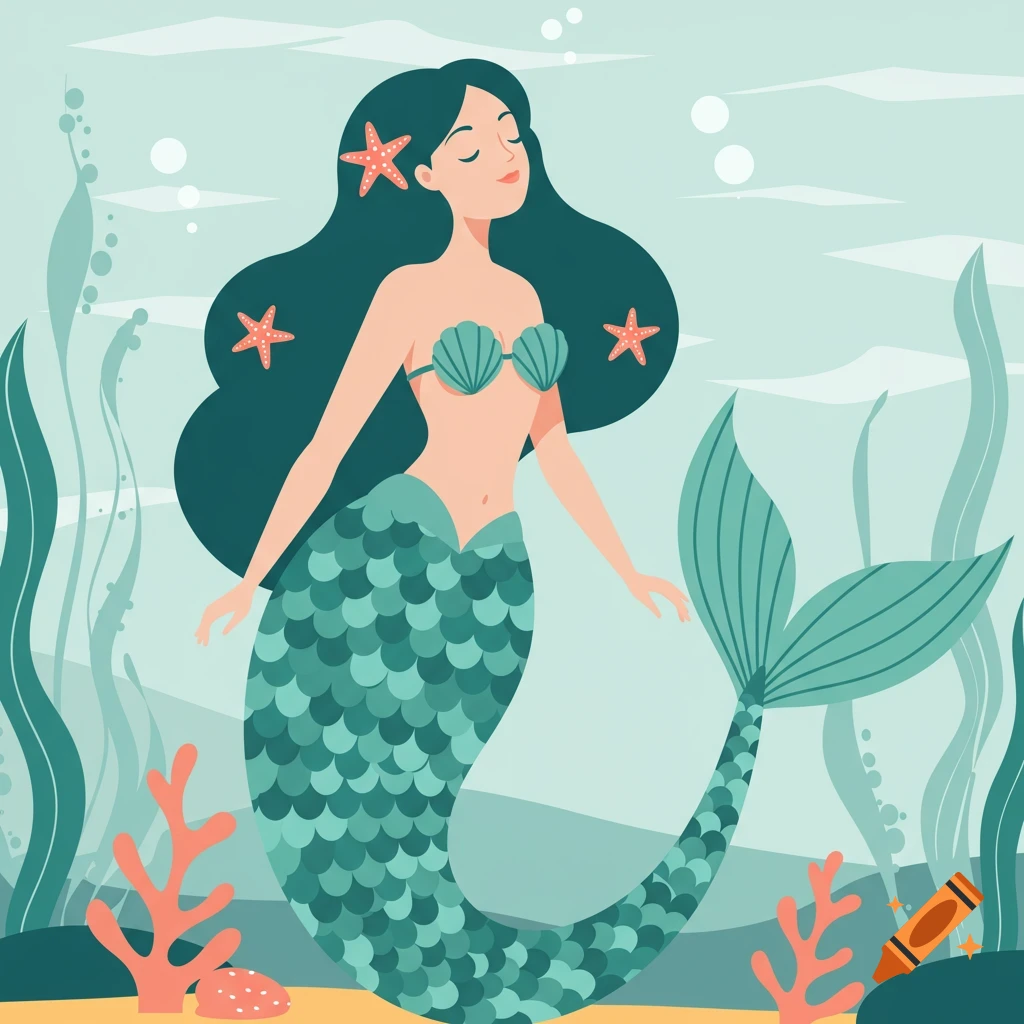 A cartoon illustration of a mermaid with dark green hair and a teal tail, wearing a seashell bra, surrounded by starfish, coral, and seaweed underwater.