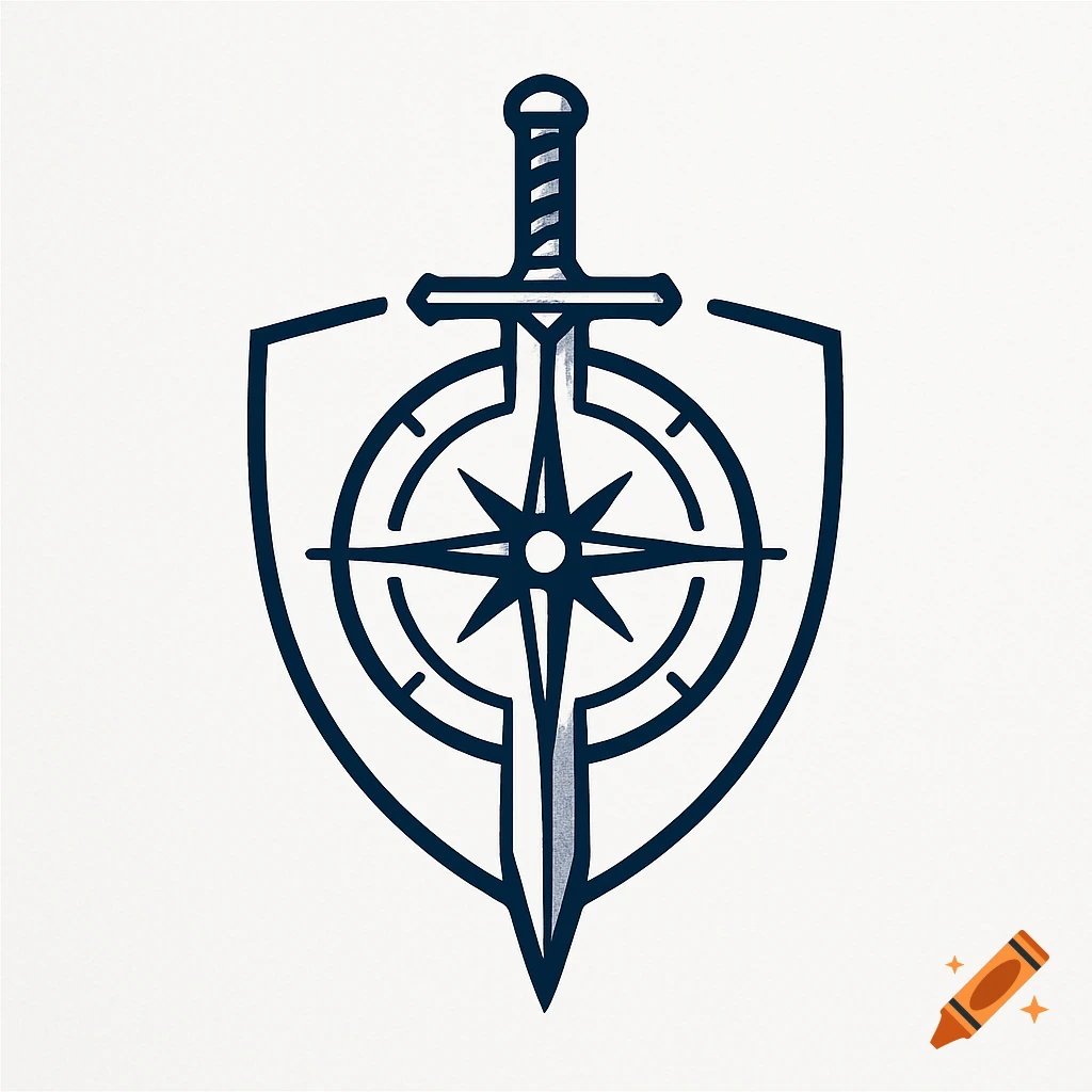 A simple black and white logo featuring a stylized sword vertically piercing through a compass, all enclosed within a shield shape.