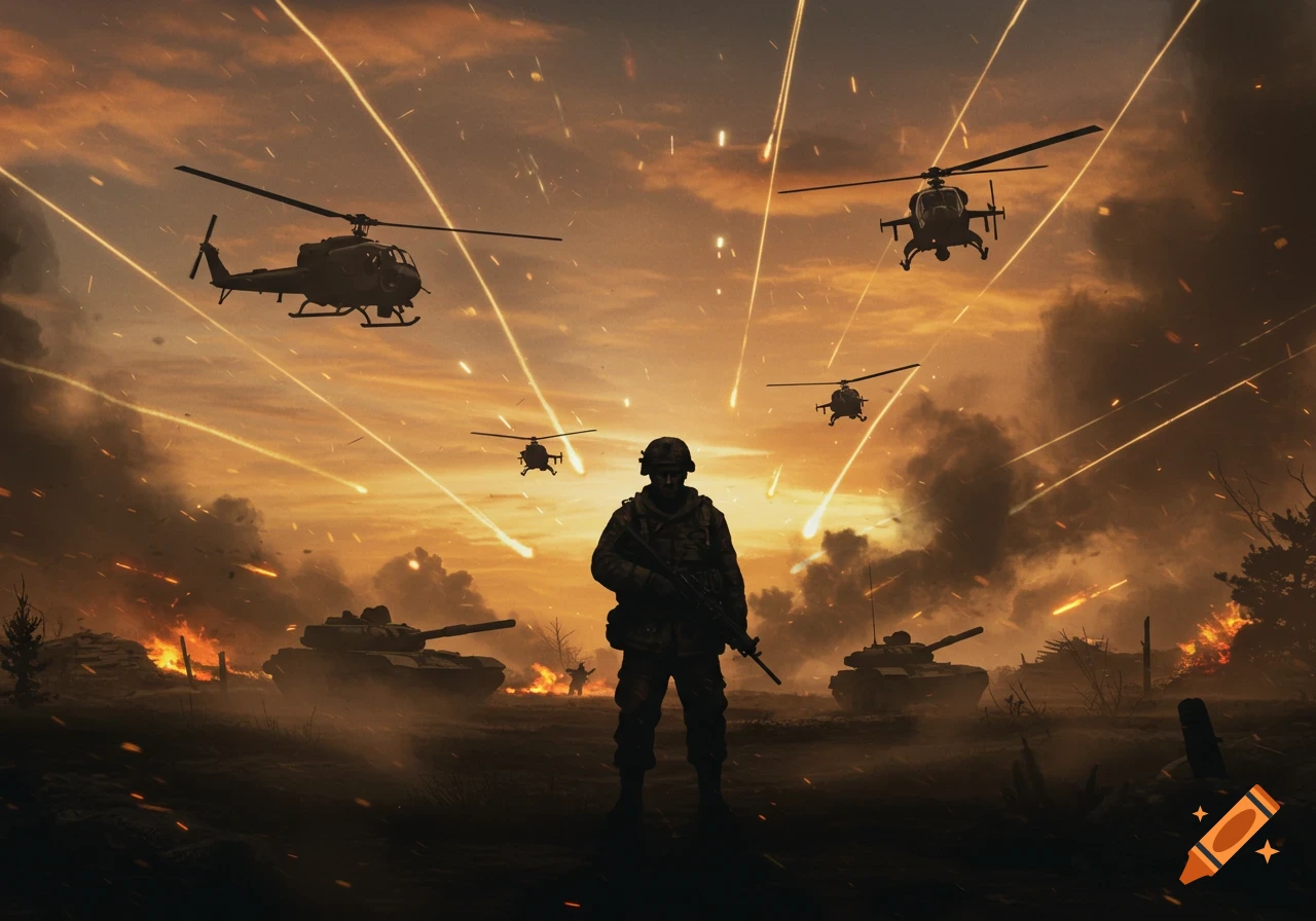 A silhouetted soldier stands in a fiery warzone with tanks, helicopters, and explosions under an orange sky.