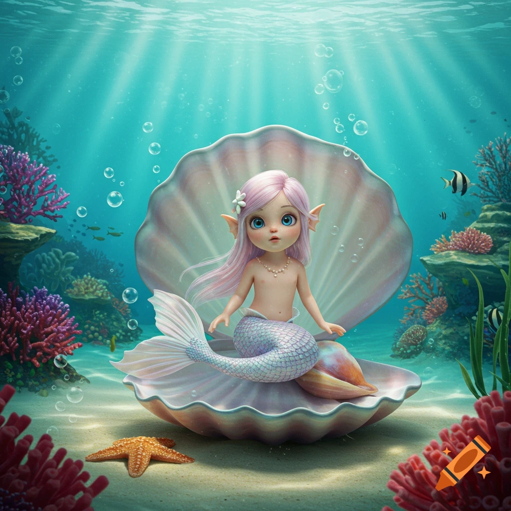 A cute mermaid with pink hair sitting in a large seashell on the ocean floor, surrounded by colorful coral and bubbles.