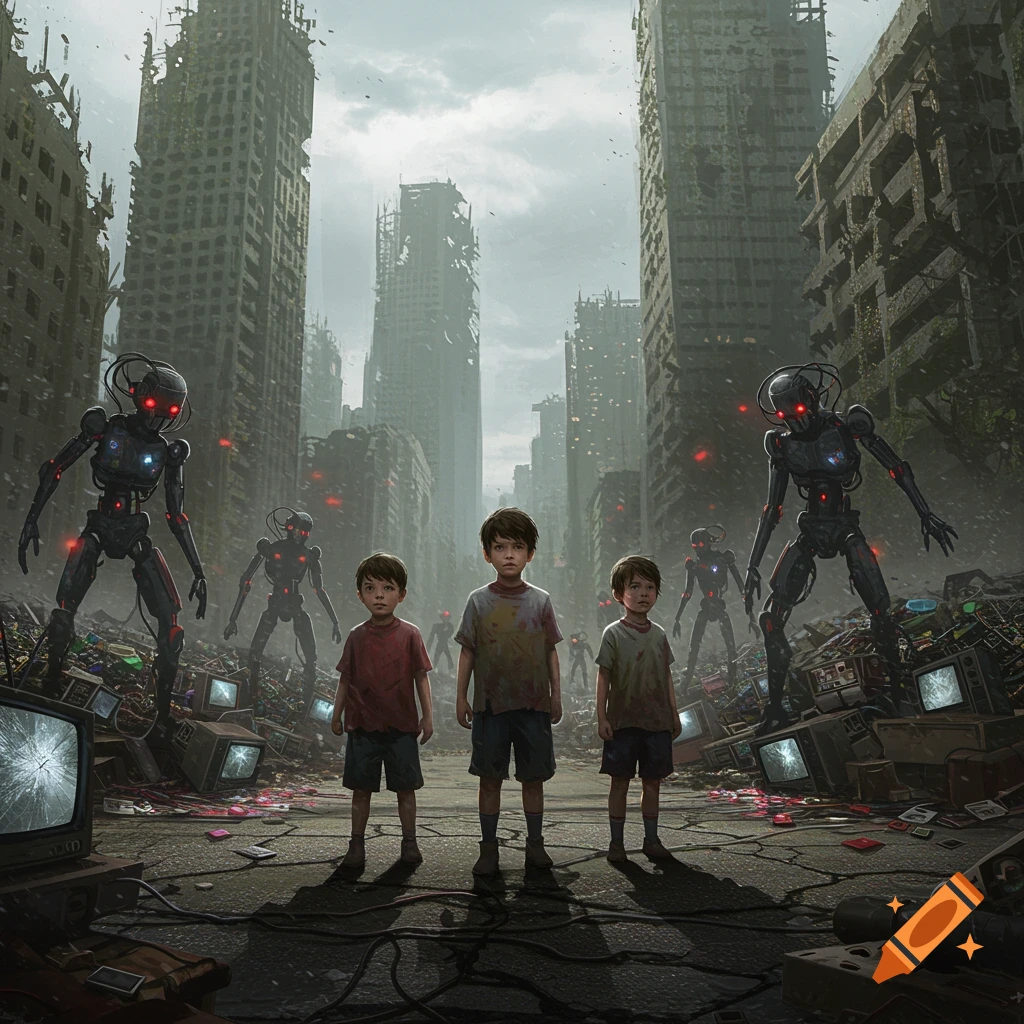 Three boys stand in a ruined, apocalyptic city amidst a junkyard of broken electronics, with menacing robots lurking.