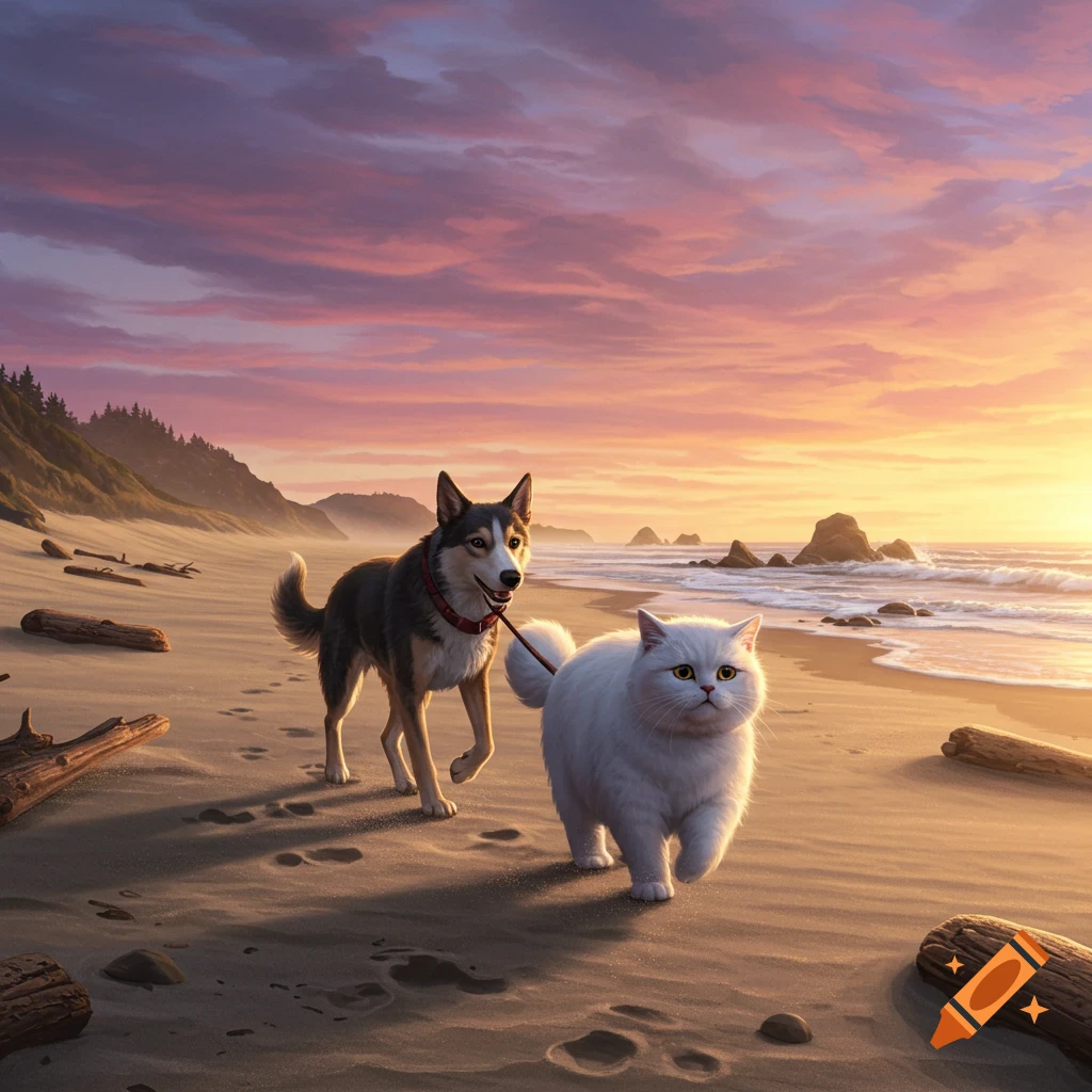 A husky-like dog leads a fluffy white cat along a sandy beach at sunset, with colorful sky and ocean waves.