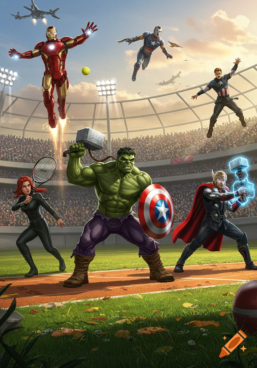 Digital art of Marvel Avengers characters playing sports in a stadium. Iron Man, War Machine, and Captain America fly above while Black Widow, Hulk, and Thor stand on a field.