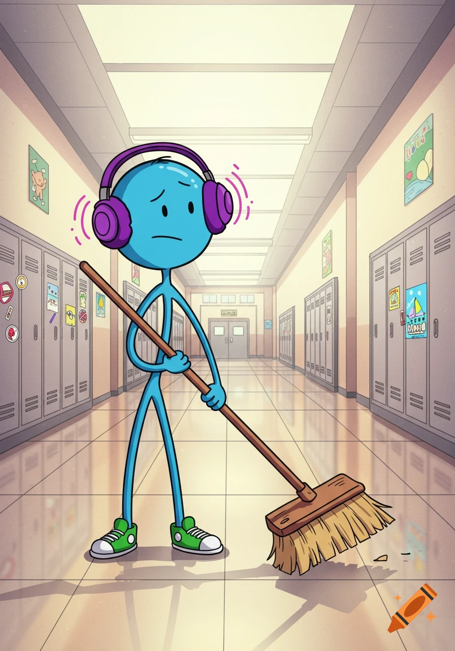 A cartoon blue stick figure wearing purple headphones and green sneakers sweeps the floor of a school hallway lined with lockers.