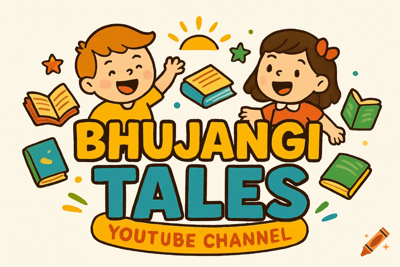 Colorful cartoon logo for "Bhujangi Tales YouTube Channel" featuring a smiling boy and girl with floating books, stars, and a sun.