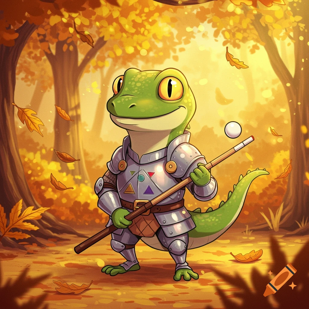 A cute, cartoon-style green lizard knight in silver armor holds a snooker cue in an autumnal forest with falling leaves.