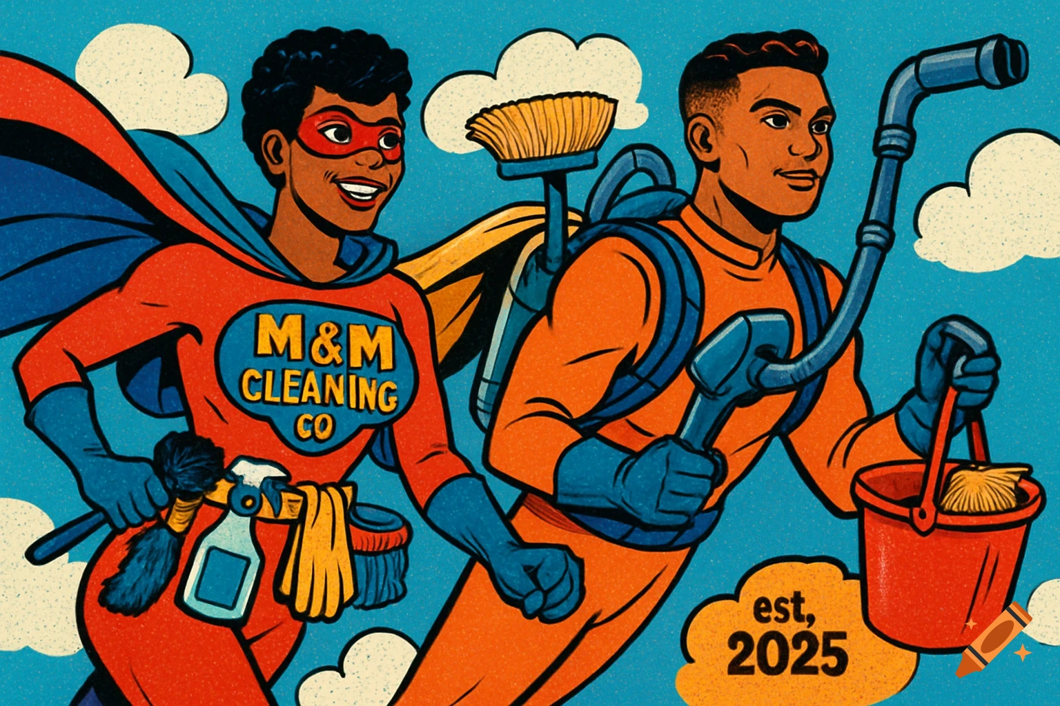 A pop art illustration of two superhero-like figures in red and orange suits, carrying cleaning supplies and flying. Text reads 'M & M Cleaning Co' and 'est, 2025'.