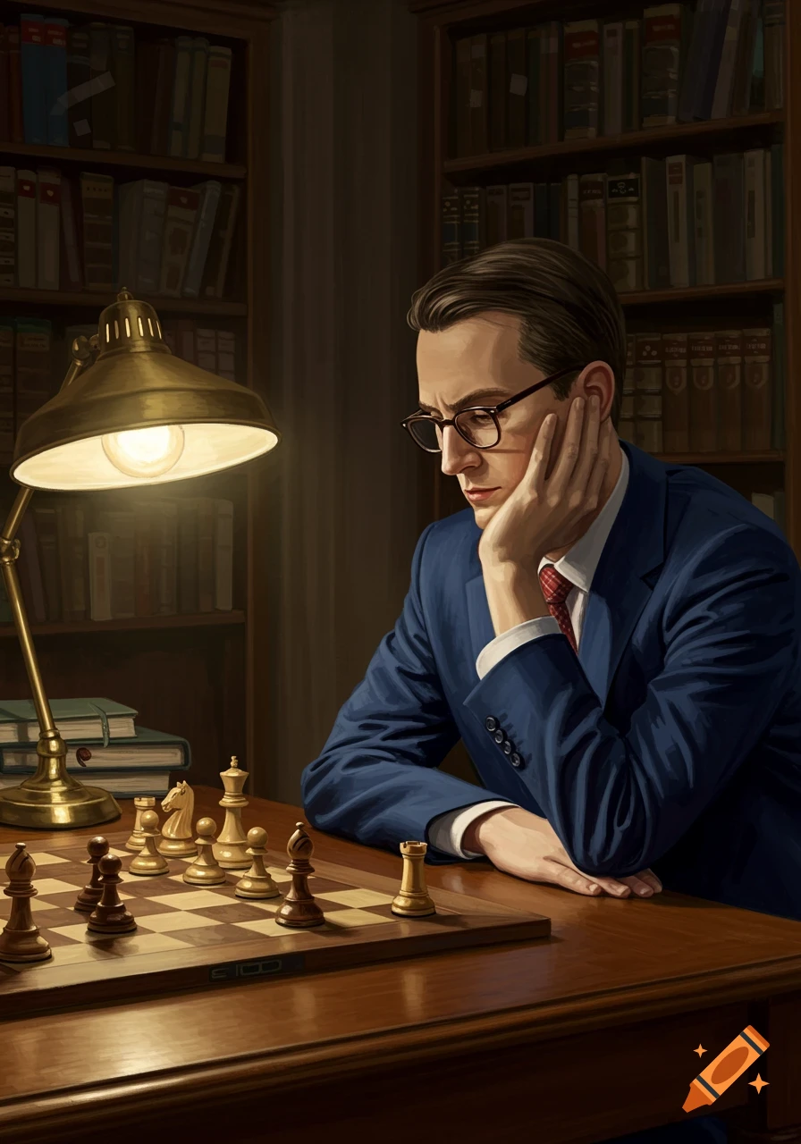 A man in a blue suit with glasses sits at a wooden desk, contemplating a chess move under the light of a brass lamp, in a library.