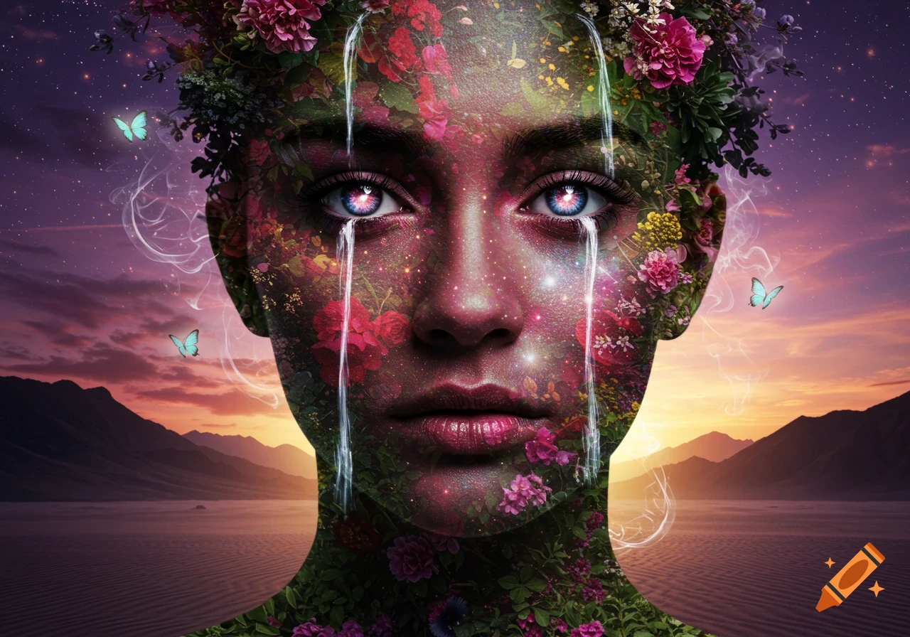 Surreal portrait of a woman's face adorned with vibrant flowers and sparkling dust, water streaming from her eyes, set in a desert sunset with butterflies.
