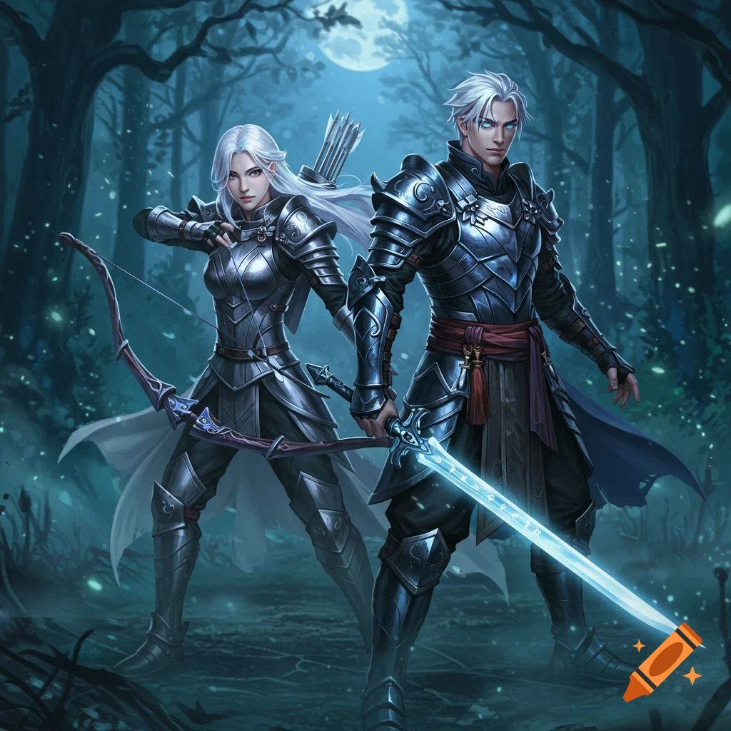 Two armored fantasy warriors, a female archer and a male swordsman with a glowing sword, stand in a moonlit forest.