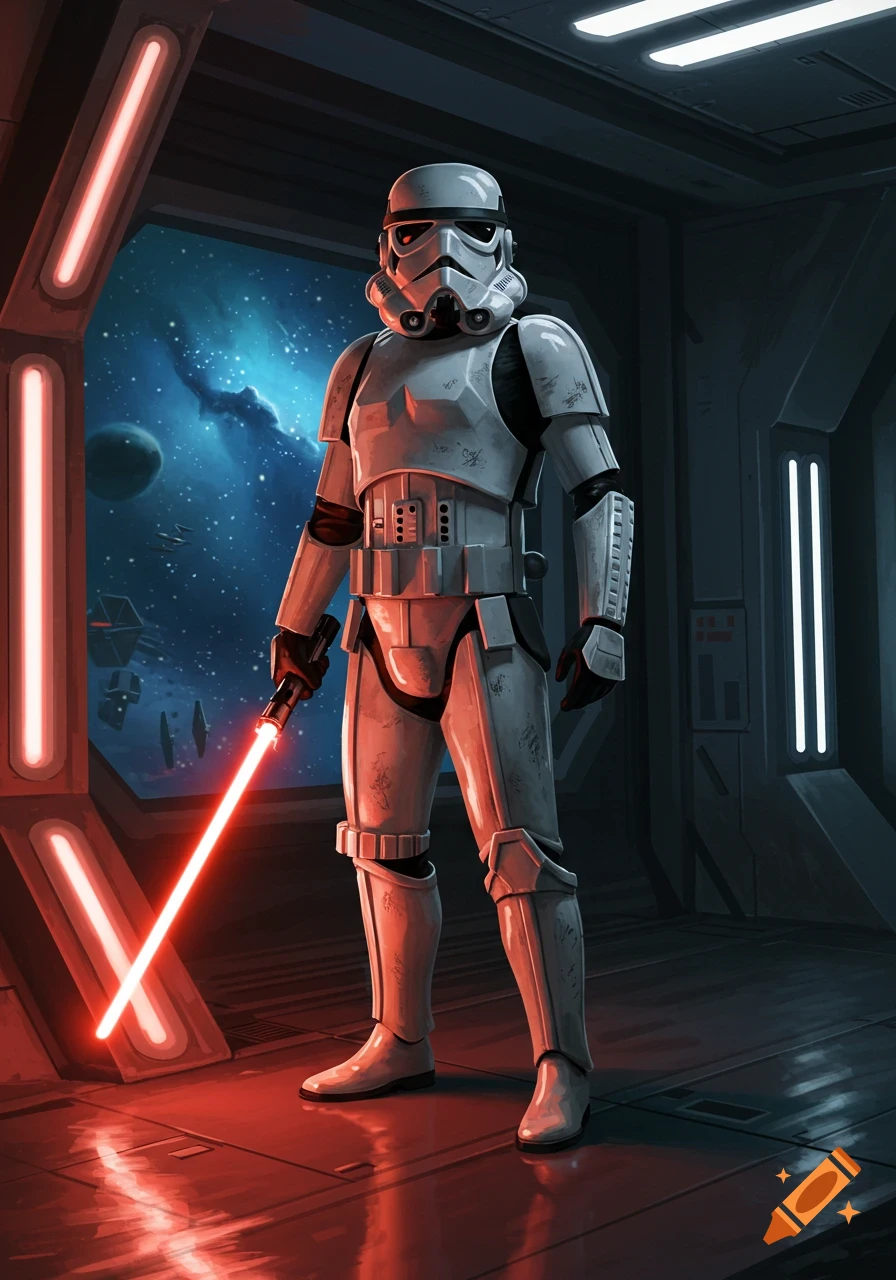 A Star Wars Stormtrooper stands in a spaceship corridor holding a red lightsaber, with a view of outer space through a large window.