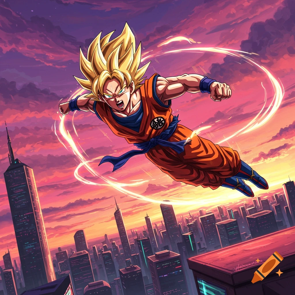 Goku in Super Saiyan form flying dynamically over a vibrant city at sunset in an anime style.