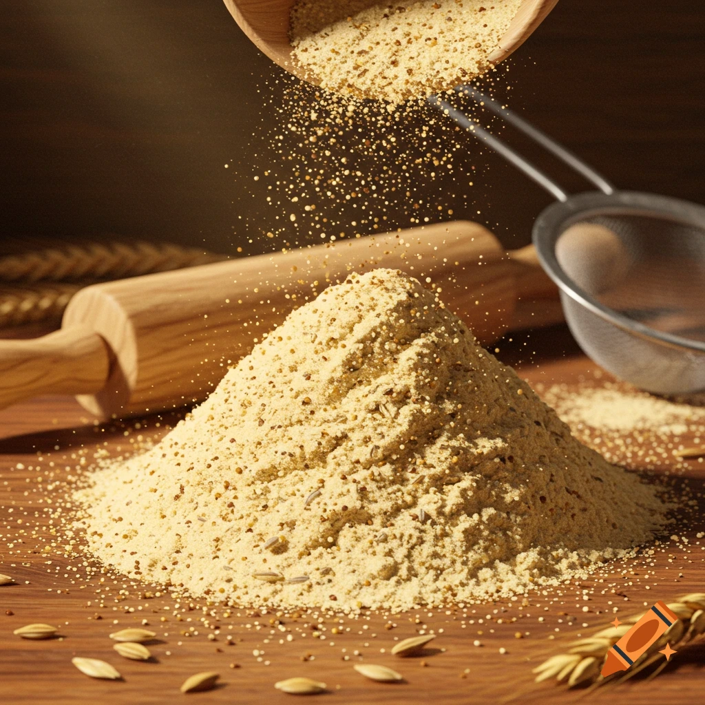 A pile of multigrain flour on a wooden table, with flour being poured from a wooden bowl. A rolling pin and sieve are nearby.