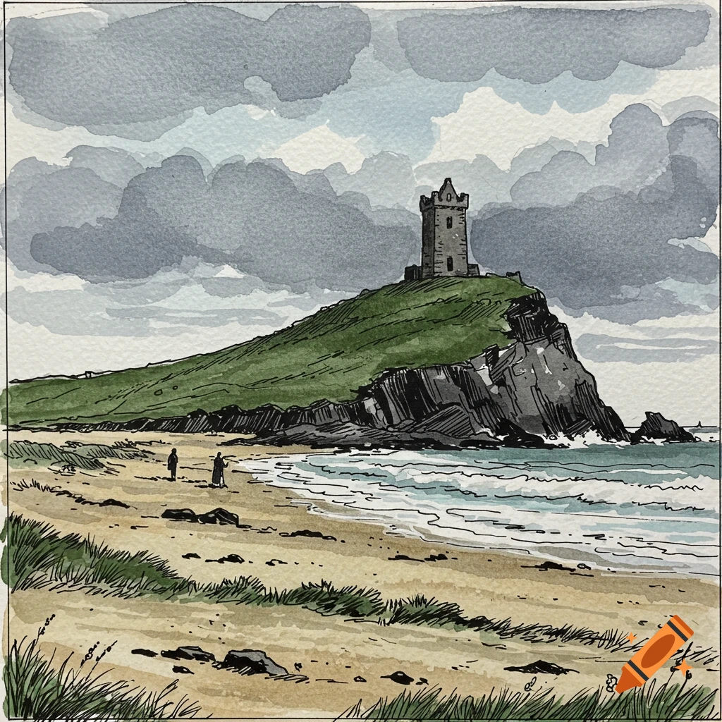 Watercolor and ink drawing of an ancient stone tower on a grassy hill above a windy sandy beach with grey clouds.