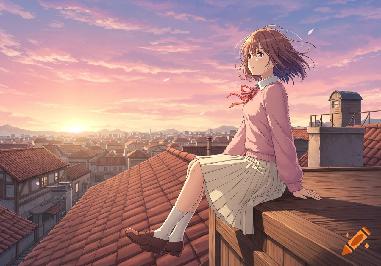 An anime girl sits on a rooftop overlooking a city during a vibrant sunset.