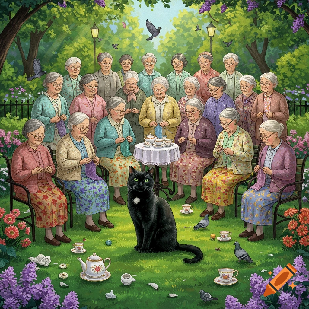 An illustration shows a group of elderly women knitting and drinking tea in a lush green park with a black cat sitting in the foreground.