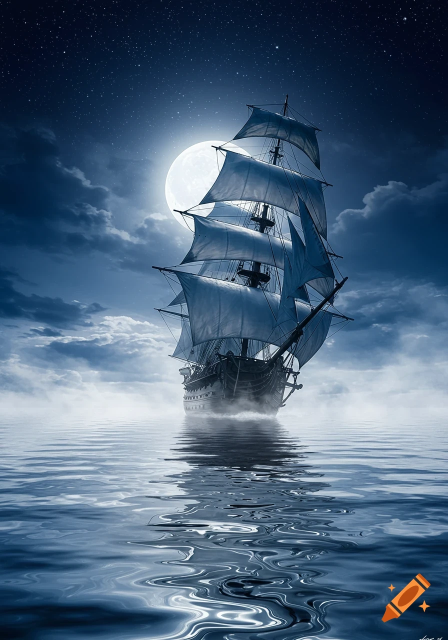 A majestic sailing ship sails under a brilliant full moon, casting reflections on the misty, dark sea at night.