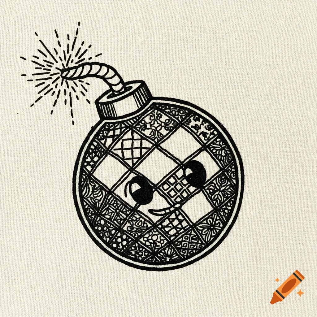 A black and white cartoon bomb with a sparkling fuse, adorned with intricate blackwork embroidery patterns, on a textured light background.