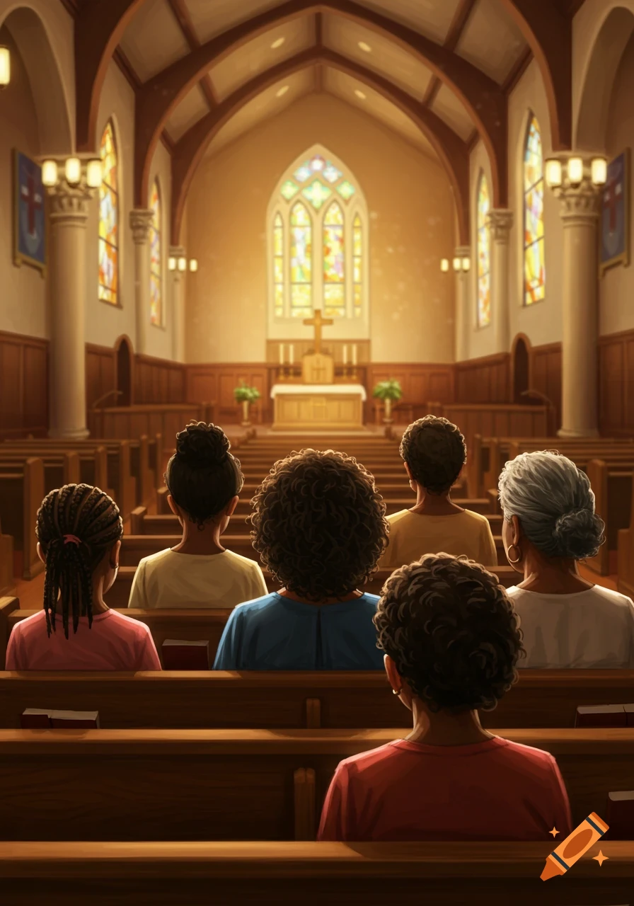 Backs of diverse women of various ages sitting in pews in a sunlit church, looking toward the altar.