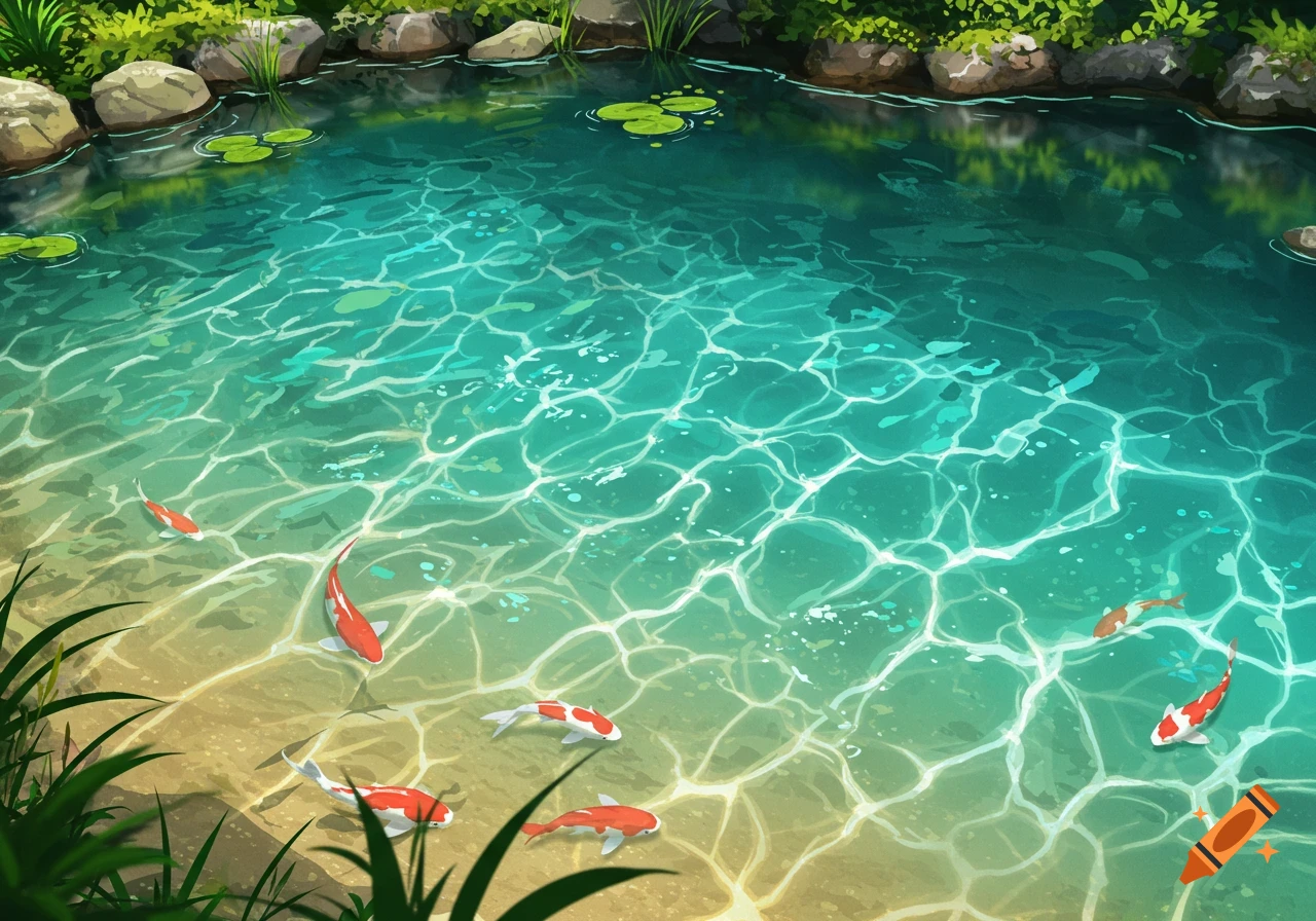 Koi fish swim in a clear, sun-dappled pond surrounded by rocks and lush greenery, in an illustration.