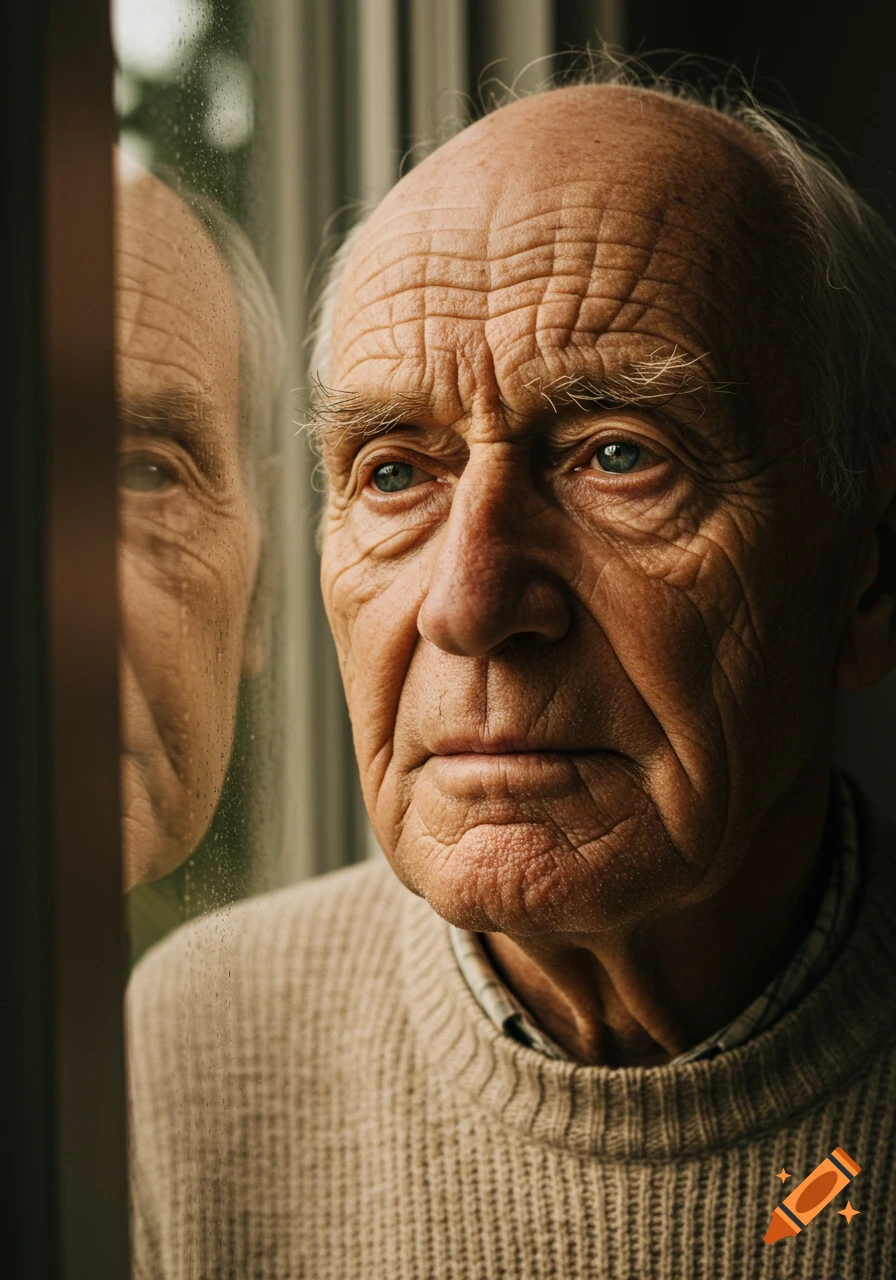 Close-up portrait of an elderly man with wrinkles, looking out a window with his reflection visible on the glass.
