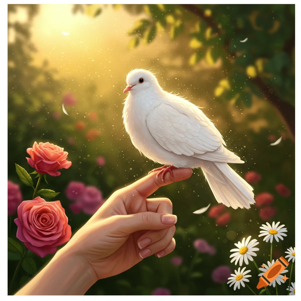 A White Dove Perches Gently On A Human Finger In A Sunlit Garden With BabqfDvLT5 BgndDGwD SA.webp