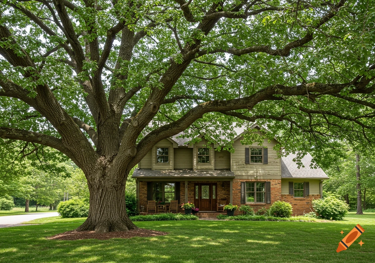 A two-story house with a brick and siding exterior, heavily shaded by a massive, old tree on a green lawn.
