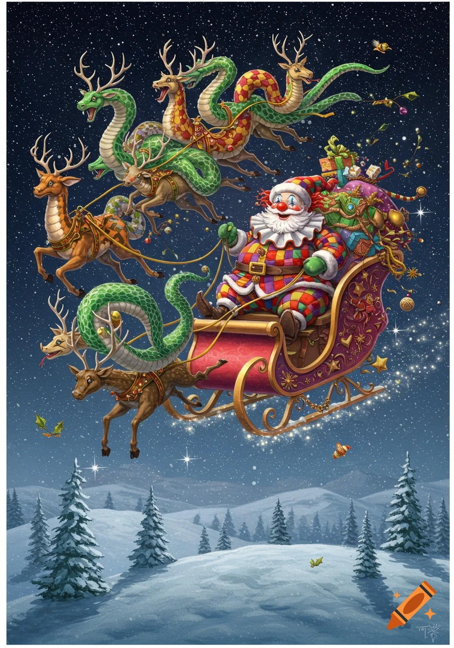 Whimsical clown Santa in a colorful suit flies in a sleigh pulled by eight snake-reindeer hybrids over a snowy landscape under a starry night.