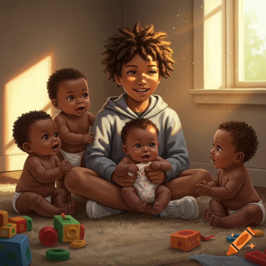 An older Black boy with freeform locs and a gray hoodie sits on the floor surrounded by four Black babies, playing with colorful blocks in a sunlit room. Illustrated style.